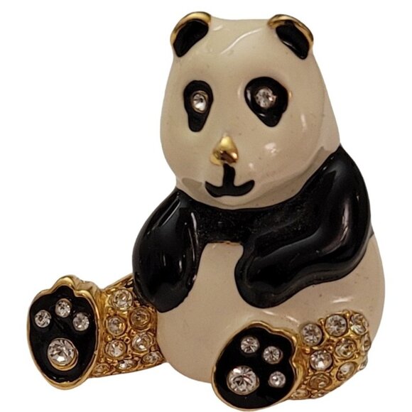 PEP Erwin Pearl Black White Enamel Clear Rhinestone Panda Bear Brooch Pin, E778 - Picture 1 of 8